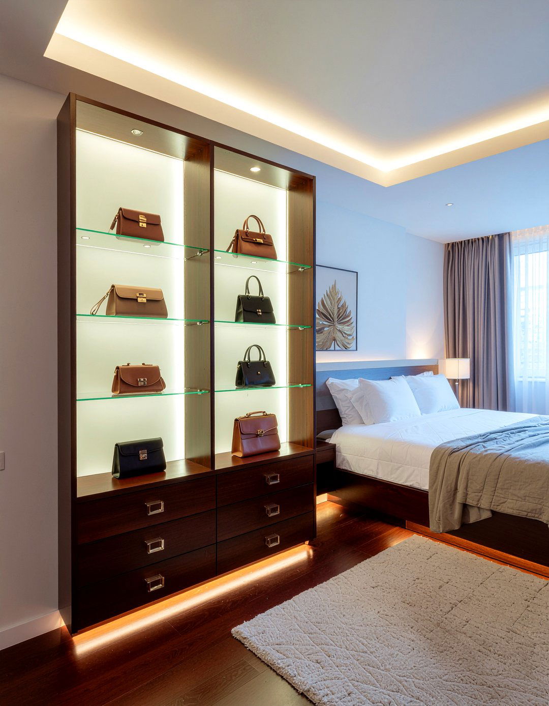 Display cabinet for luxury bags - 30 bedroom bag storage ideas