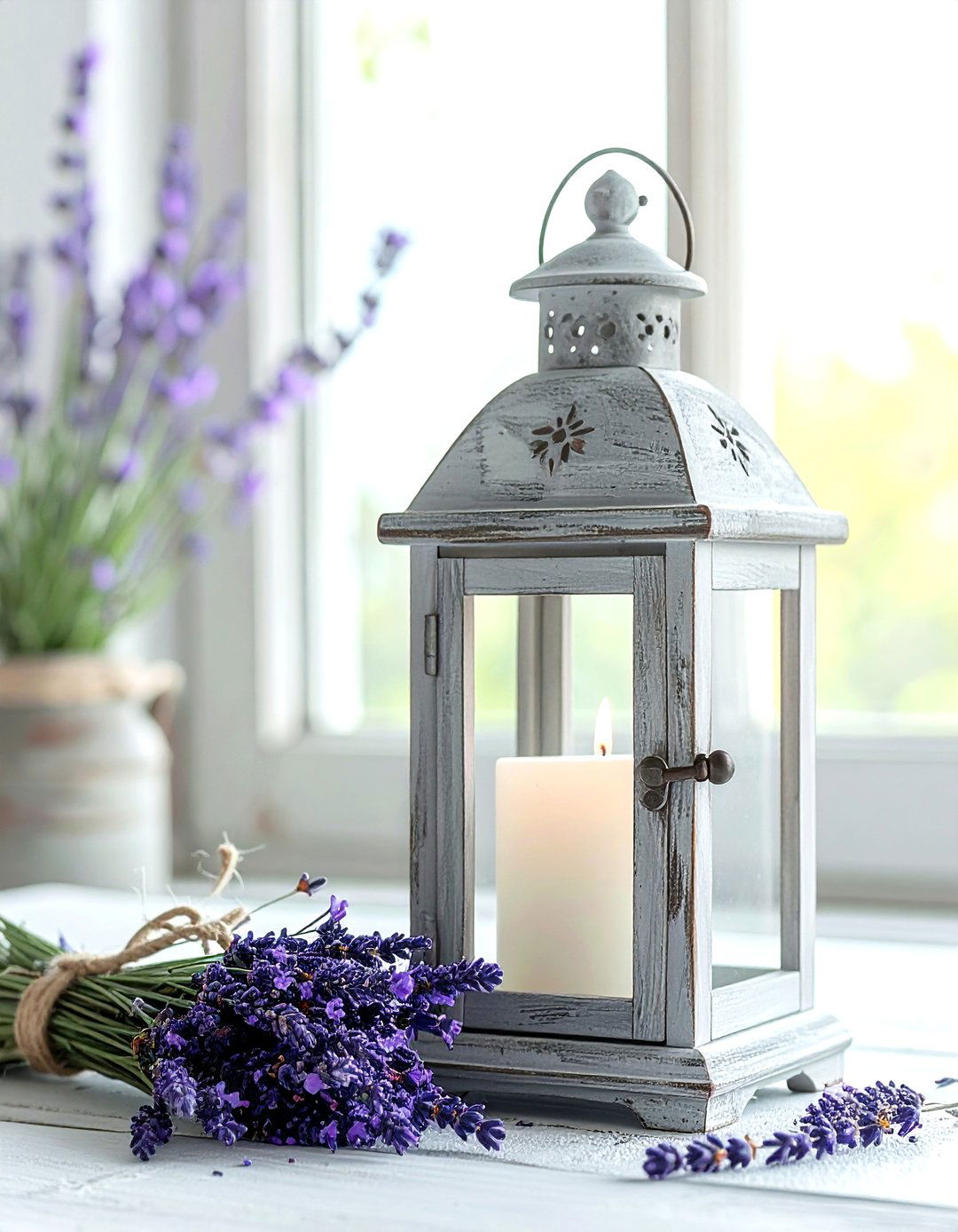 Distressed Gray Lantern Lavender - 30 lantern centerpiece dining ideas