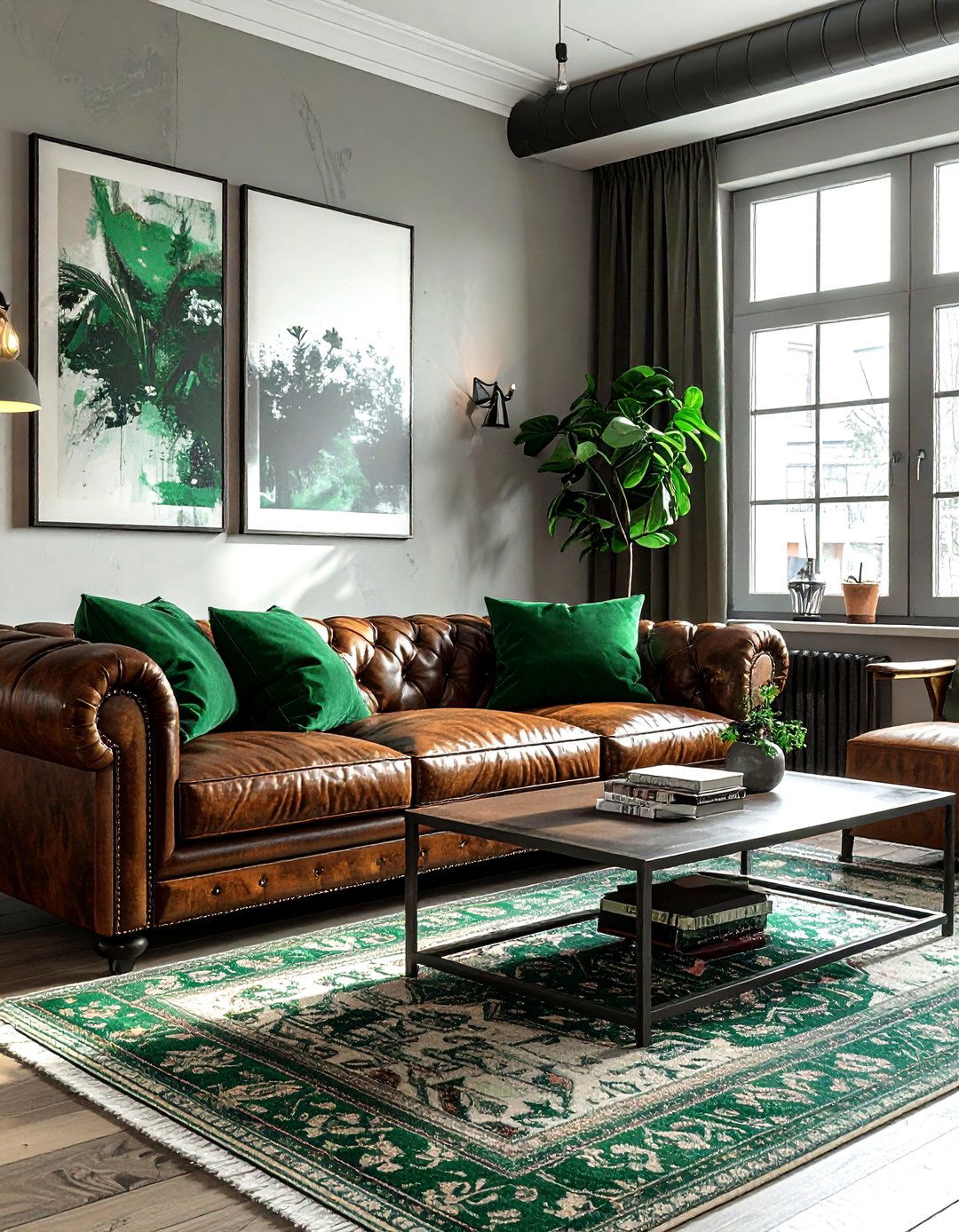 Distressed Leather Green Pillow - 30 industrial green living room ideas