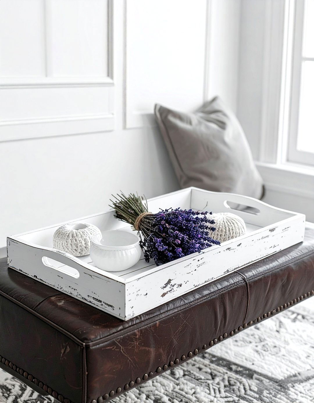 Distressed White Tray - 30 ottoman tray ideas
