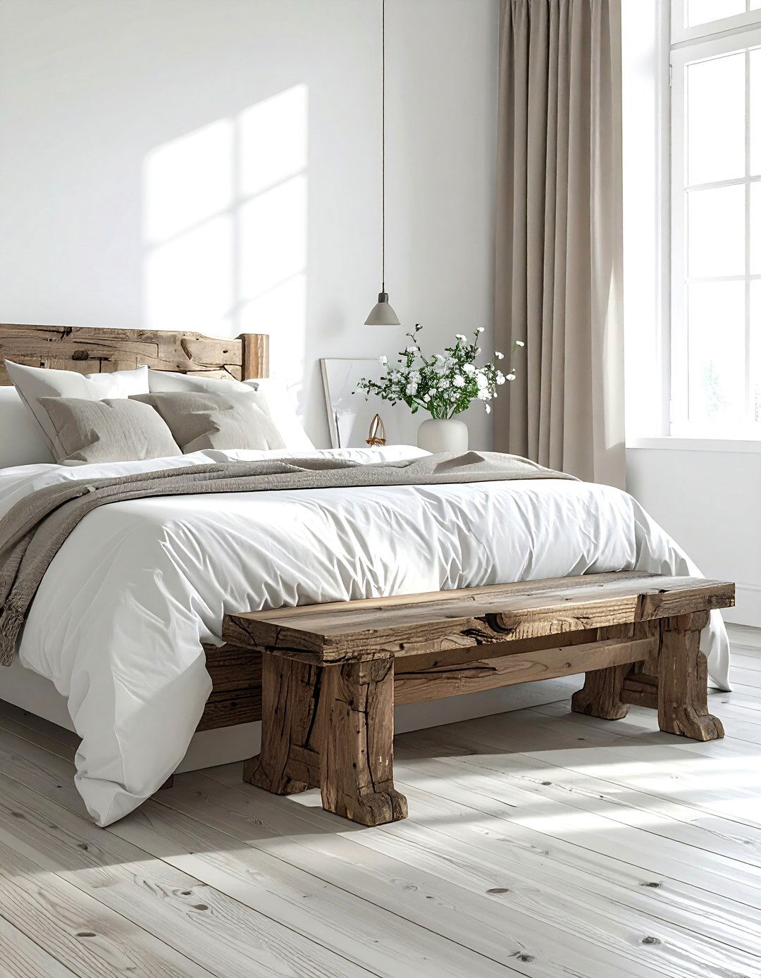 Distressed Wood Bench - 30 thrifted bedroom ideas