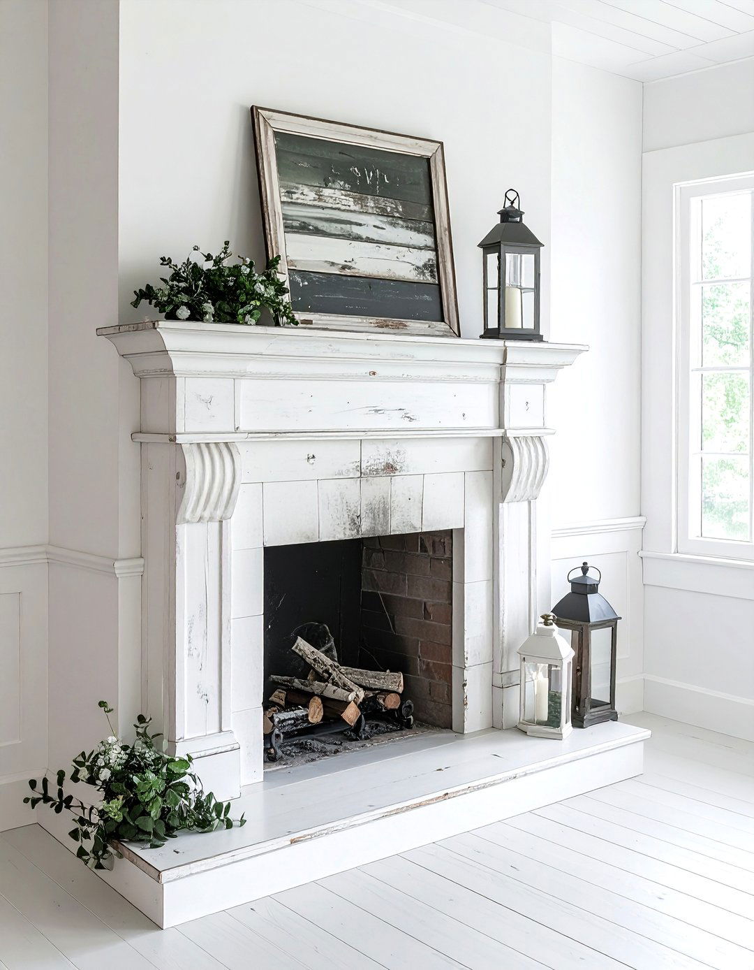 Distressed Wood Shutter - 30 layered mantel ideas