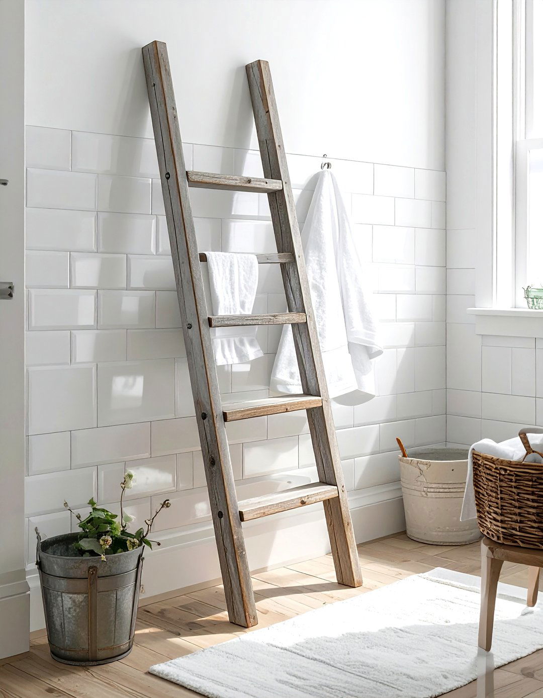 Distressed Wood Storage Ladder - 30 wood bathroom ideas