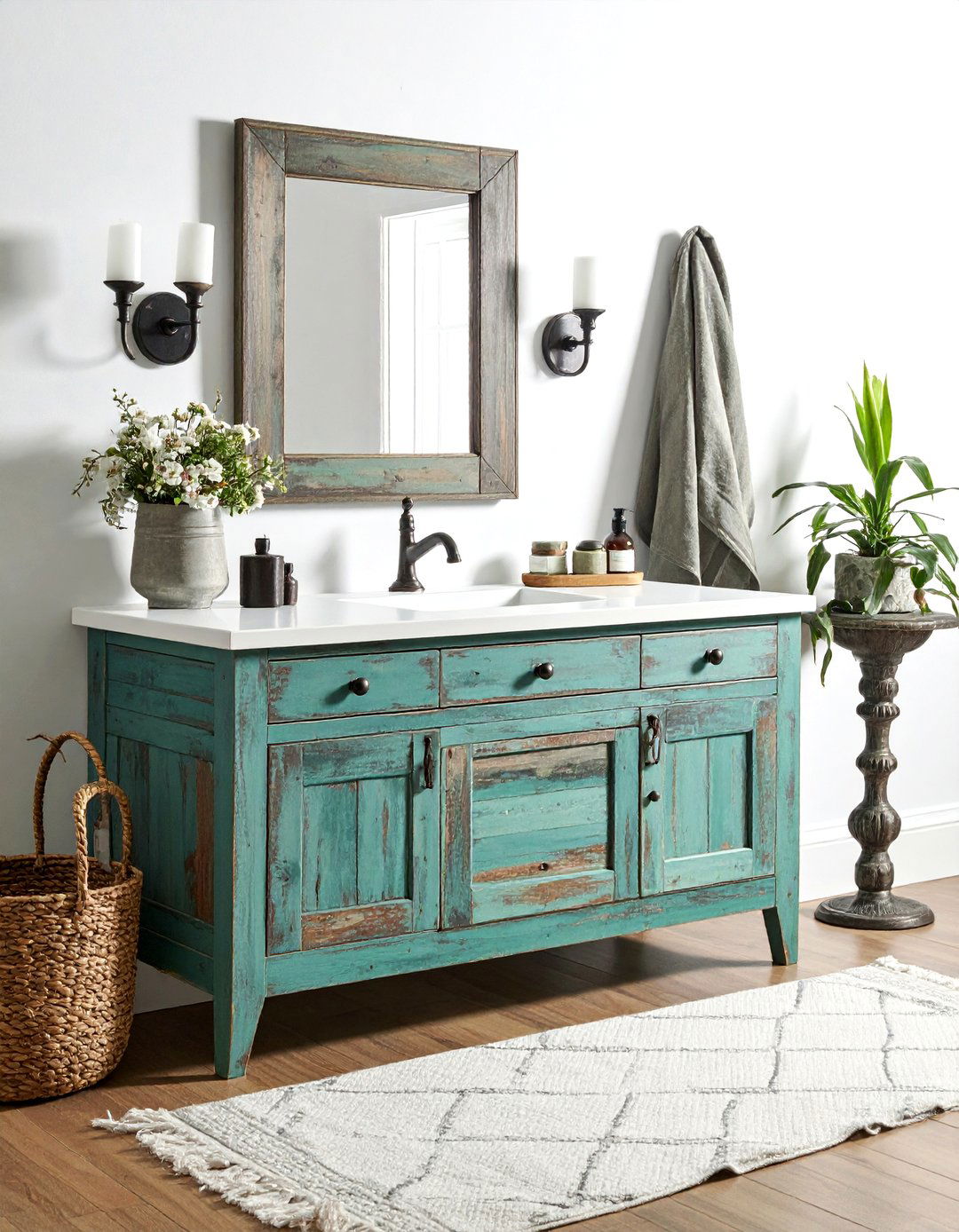 Distressed Wood Vanity - 30 farmhouse bathroom vanity ideas