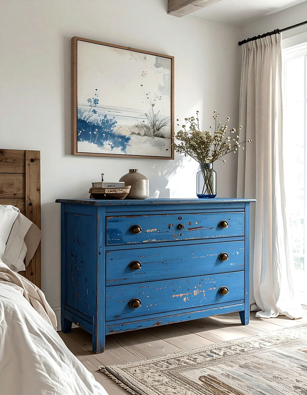 Distressed blue dresser - 30 farmhouse blue bedroom ideas