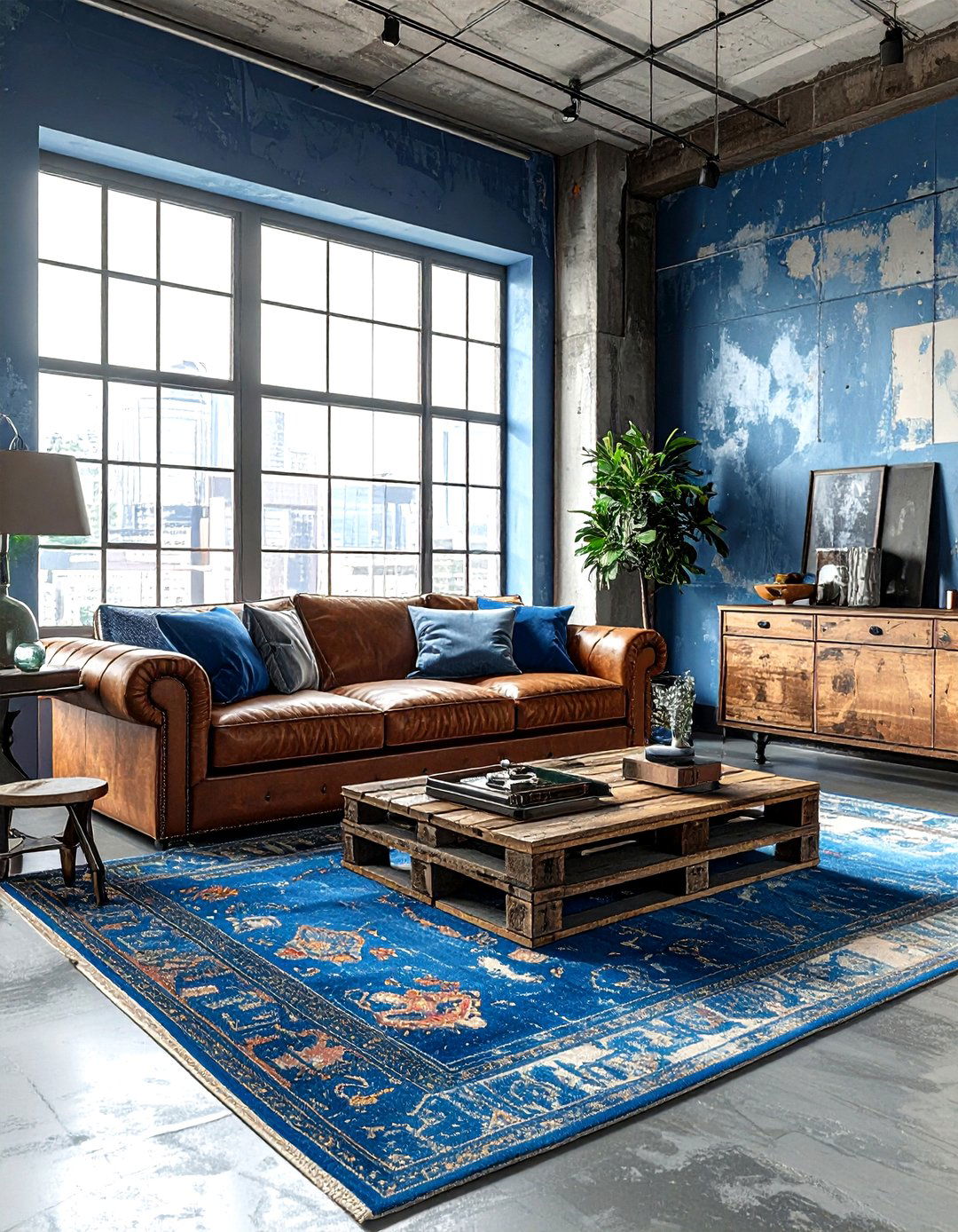 Distressed blue rug industrial living room - 30 industrial blue living room ideas