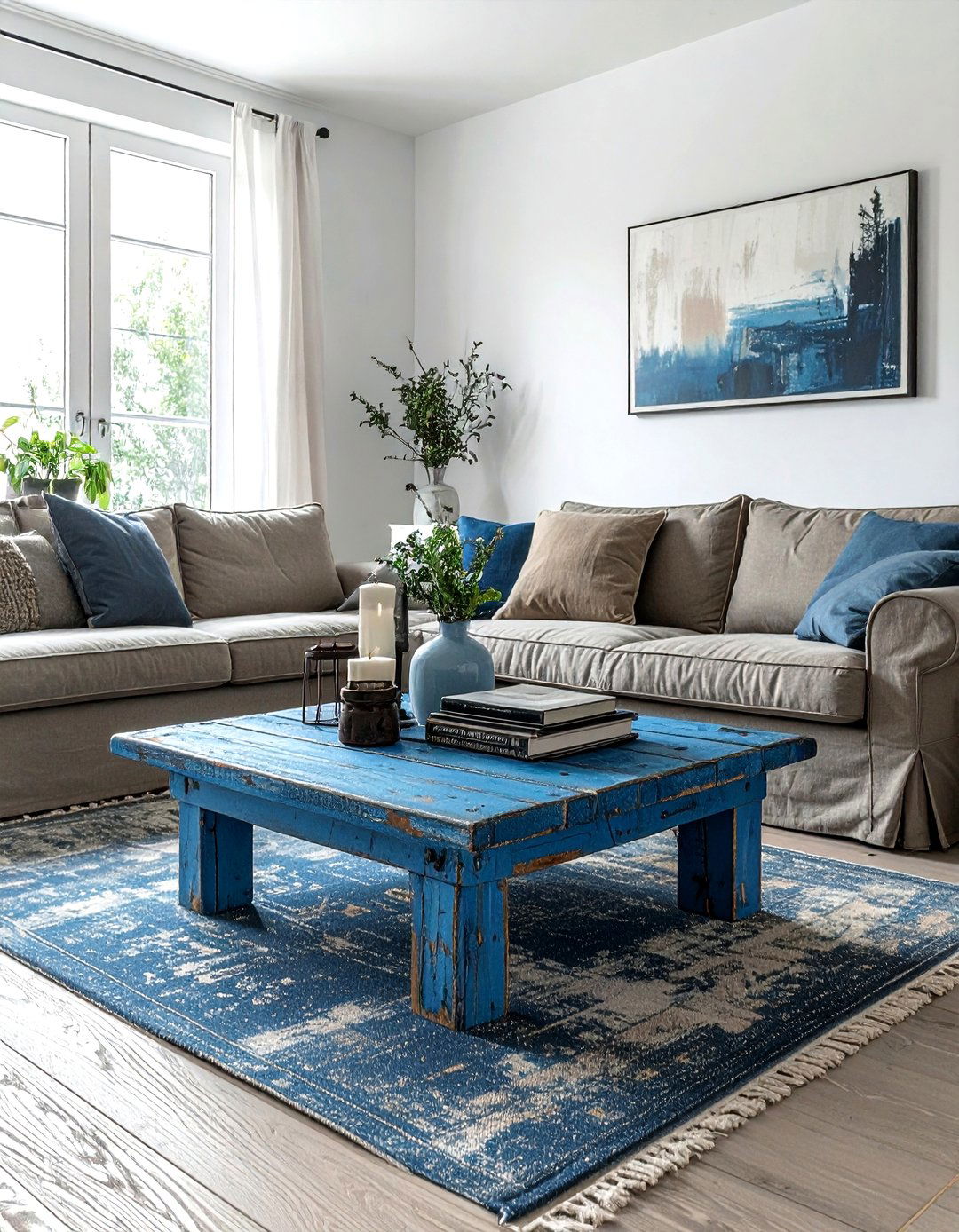 Distressed blue wood table living room - 30 industrial blue living room ideas