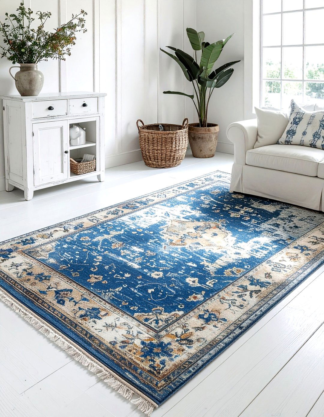 Distressed farmhouse rug - 30 bedroom rug ideas