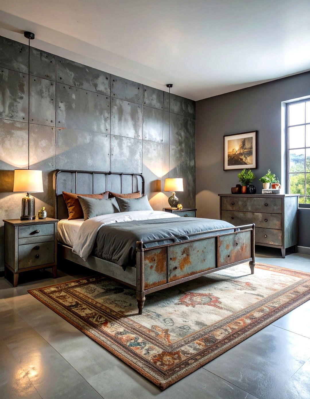 Distressed metal furniture - 30 industrial grey bedroom ideas