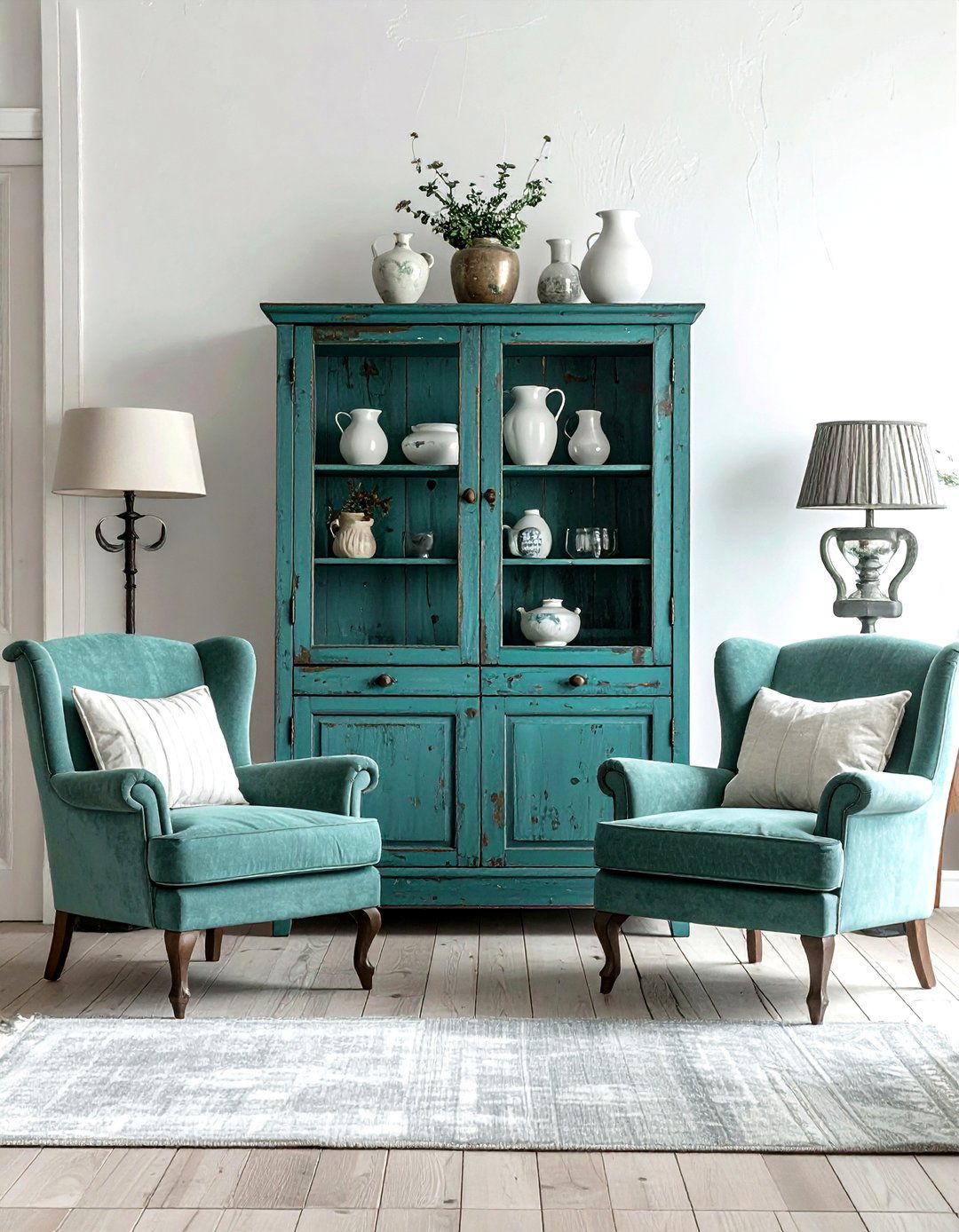 Distressed teal cabinet - 30 farmhouse teal living room ideas