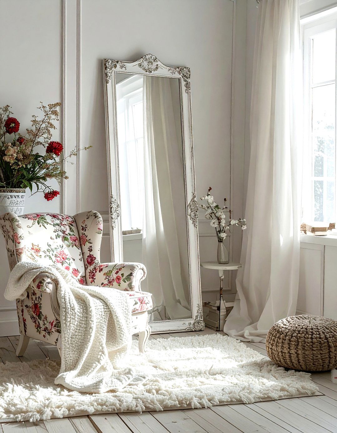 Distressed white floor mirror - 30 leaning mirror ideas