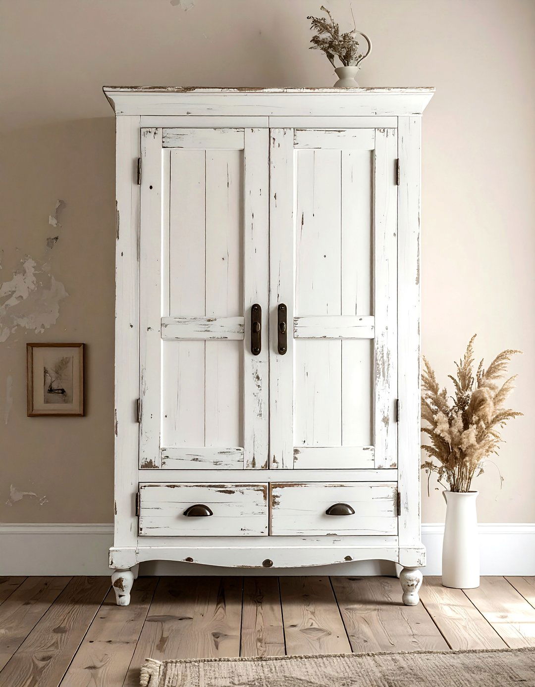 Distressed white wood armoire - 30 beige bedroom furniture ideas
