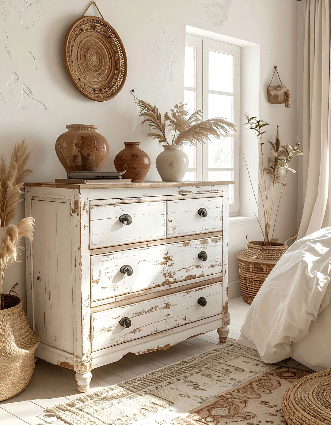 Distressed wood dresser - 30 bohemian cream bedroom ideas