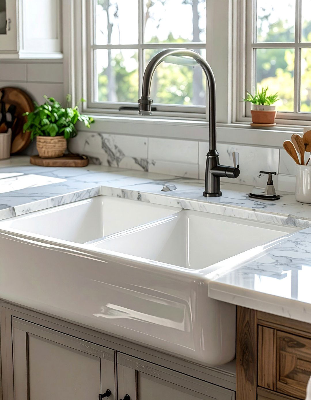 Double Bowl Farmhouse Sink - 30 efficient kitchen ideas