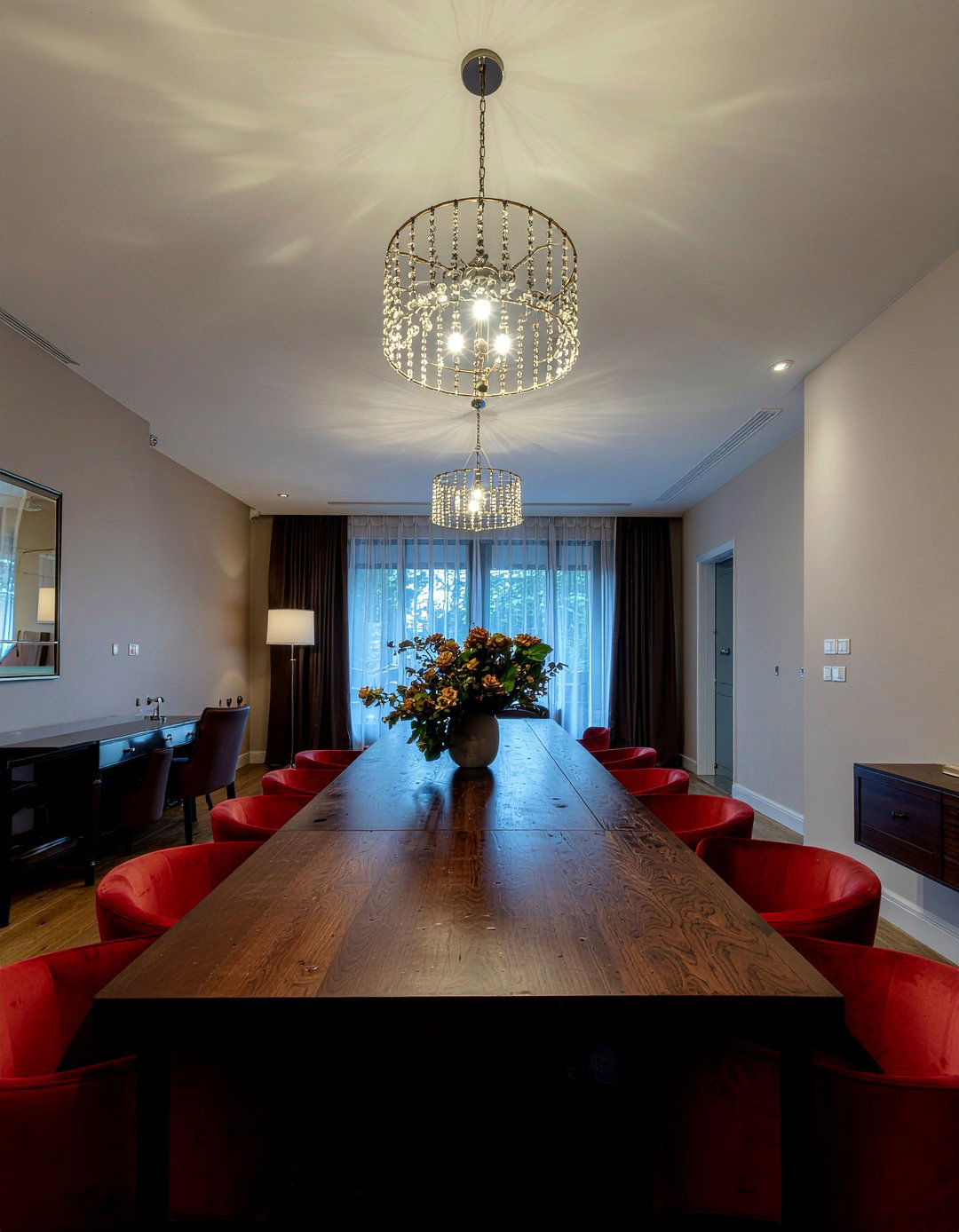 Double Chandelier Long Dining Table - 30 dining room balance ideas