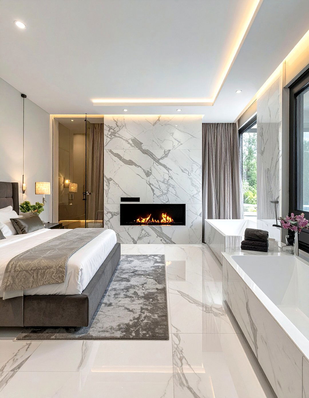 Double Sided Fireplace Master Suite - 30 bathroom with fireplace ideas