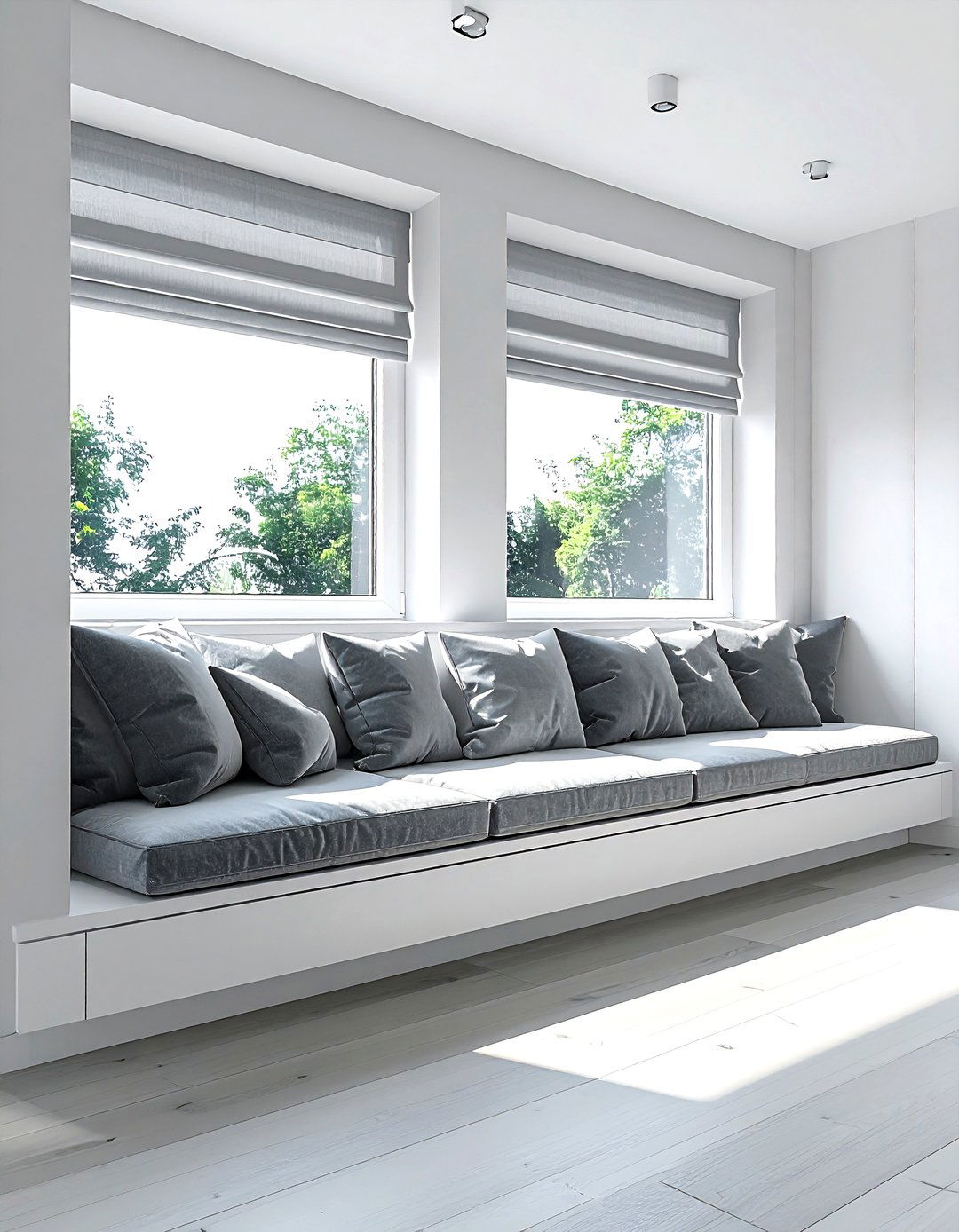 Double Window Bench - 30 living room window seat ideas