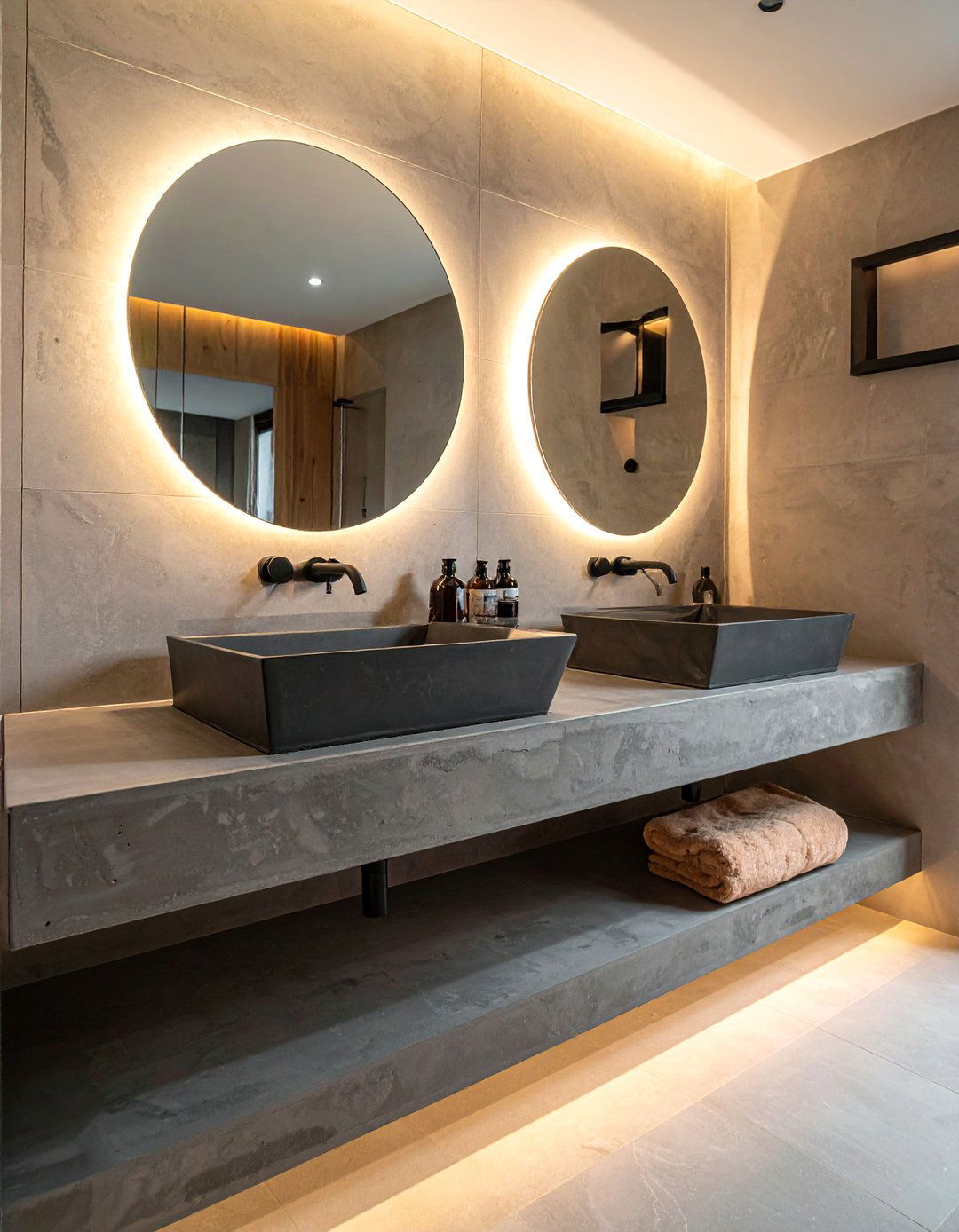 Double concrete sink - 30 concrete countertop bathroom ideas