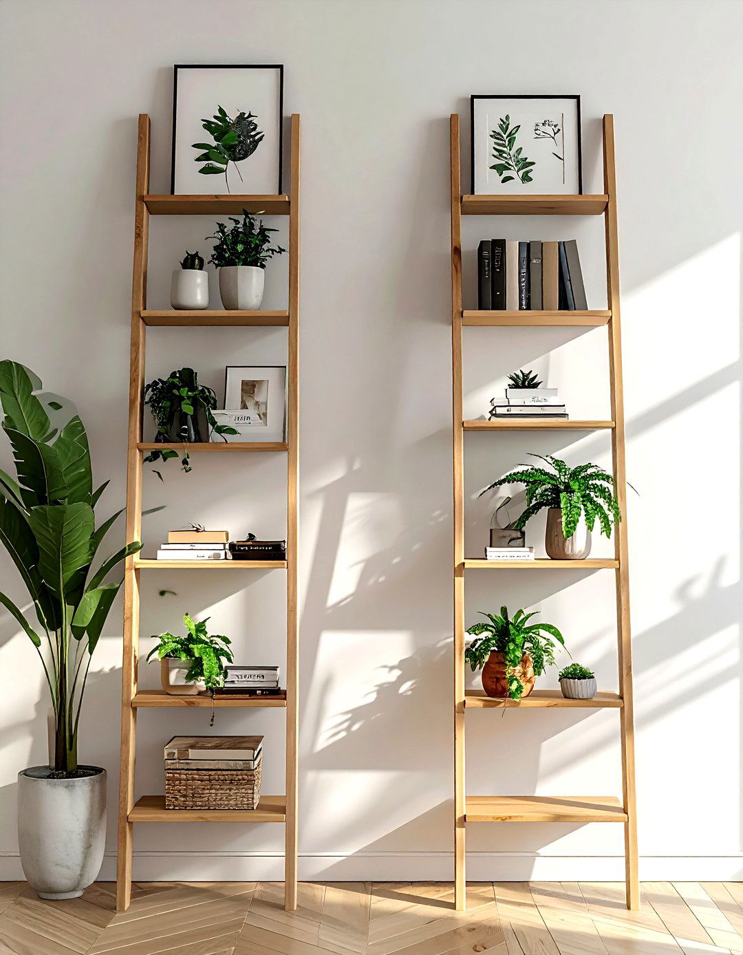 Double ladder shelf - 30 living room ladder shelf ideas