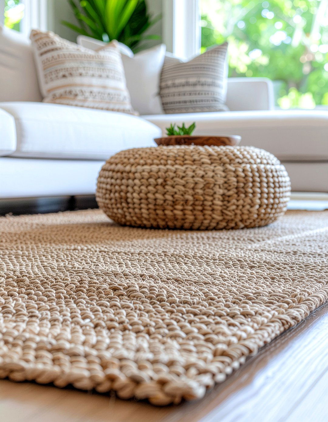 Double layered jute rugs - 30 living room rug layering ideas