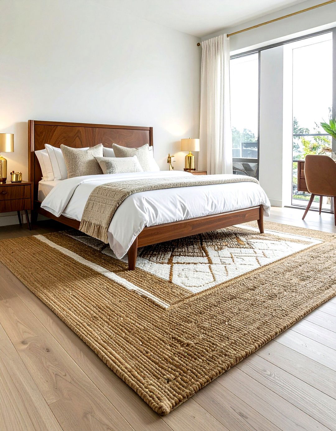 Double layered rug bedroom - 30 mid-century glam bedroom ideas