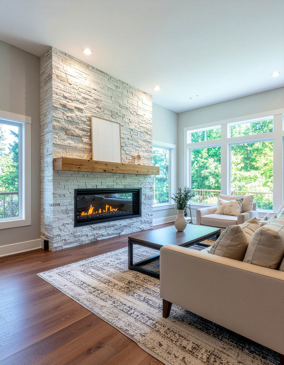 Double sided fireplace with stone veneer - 30 living room double sided fireplace ideas