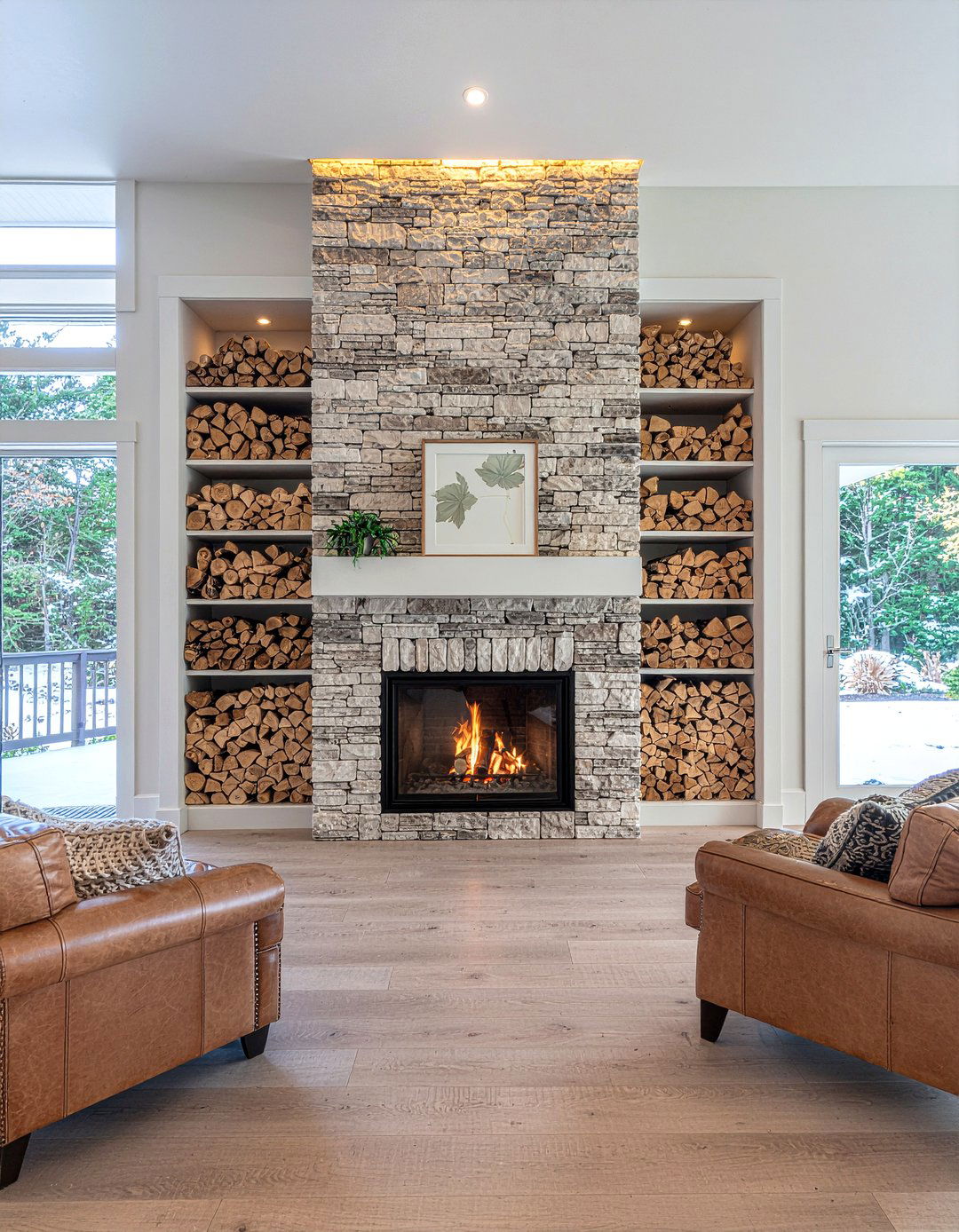 Double sided fireplace with wood storage - 30 living room double sided fireplace ideas