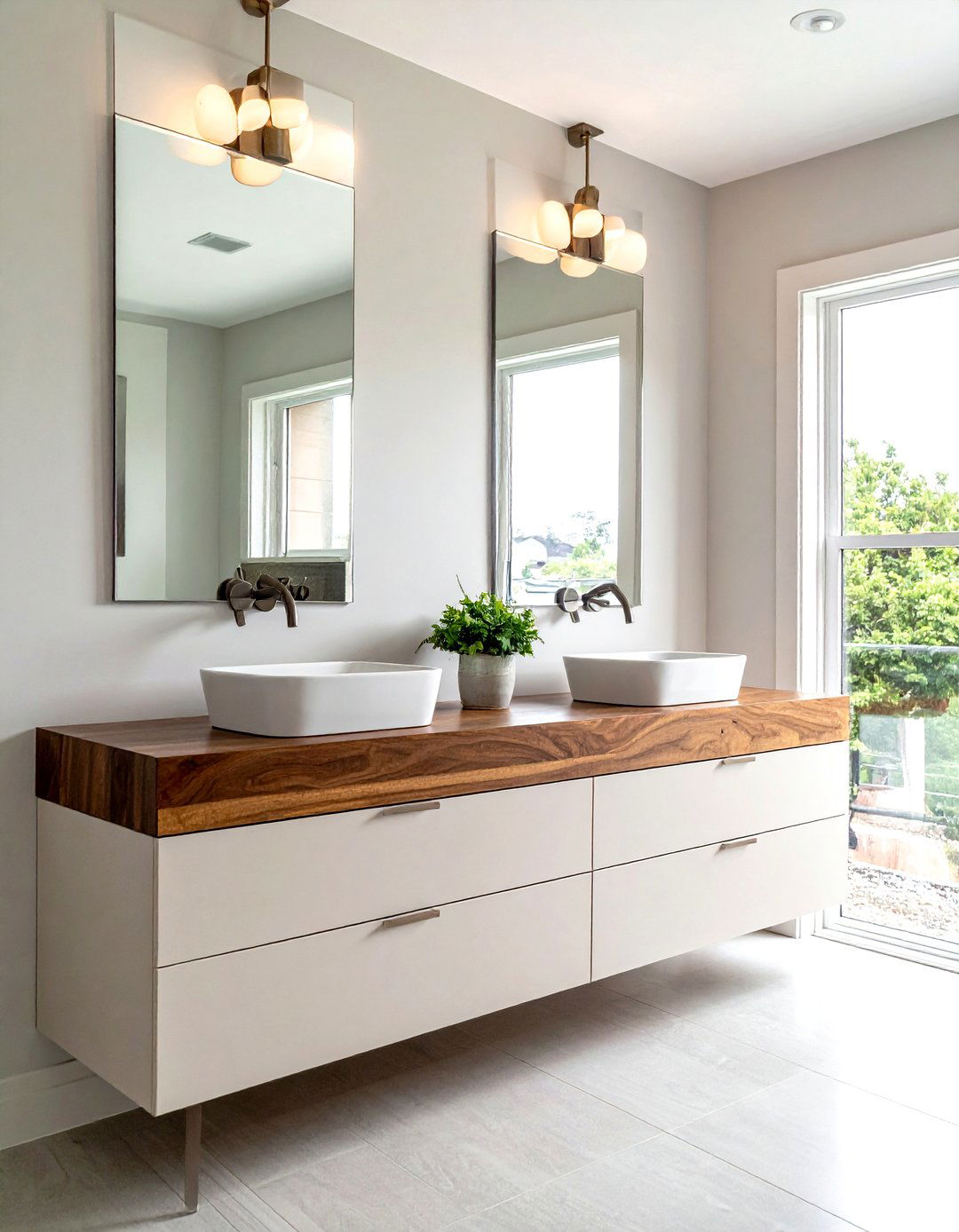 Double sink wood vanity - 30 butcher block bathroom countertop ideas