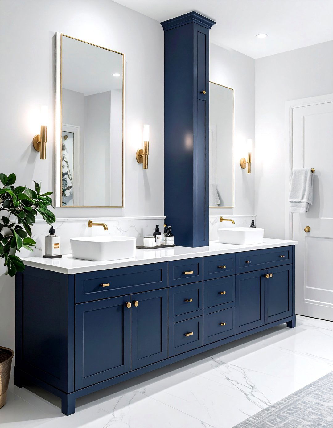 Double vanity with center tower cabinet - 30 bathroom furniture arrangement