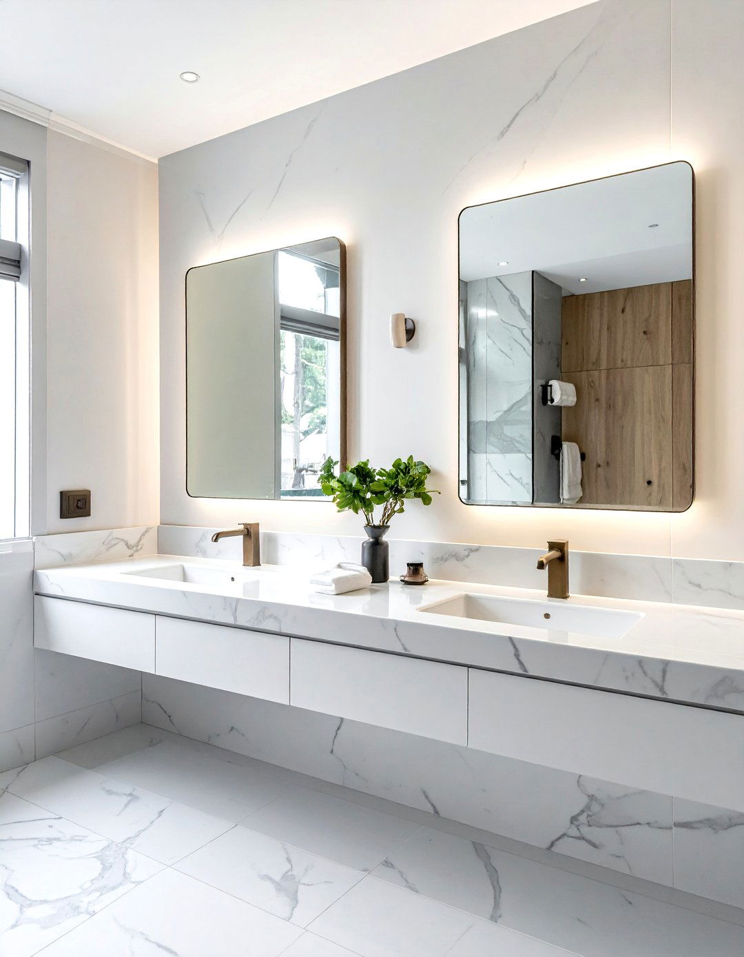 Double white marble vanity - 30 white marble bathroom ideas