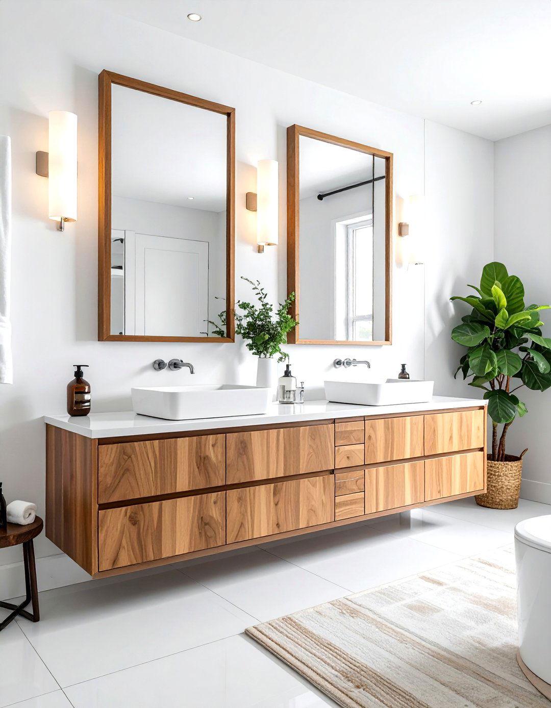 Double wood vanity white bathroom - 30 white and wood bathroom ideas