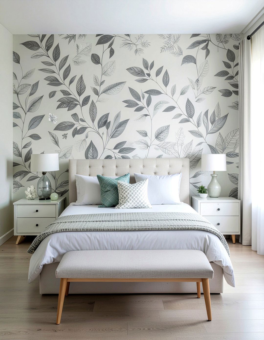 Dove Grey Leaf Wallpaper - 30 bedroom neutral wallpapers