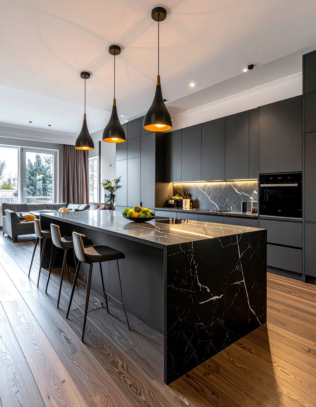 Dramatic Black Marble Island - 30 veined countertop kitchen ideas