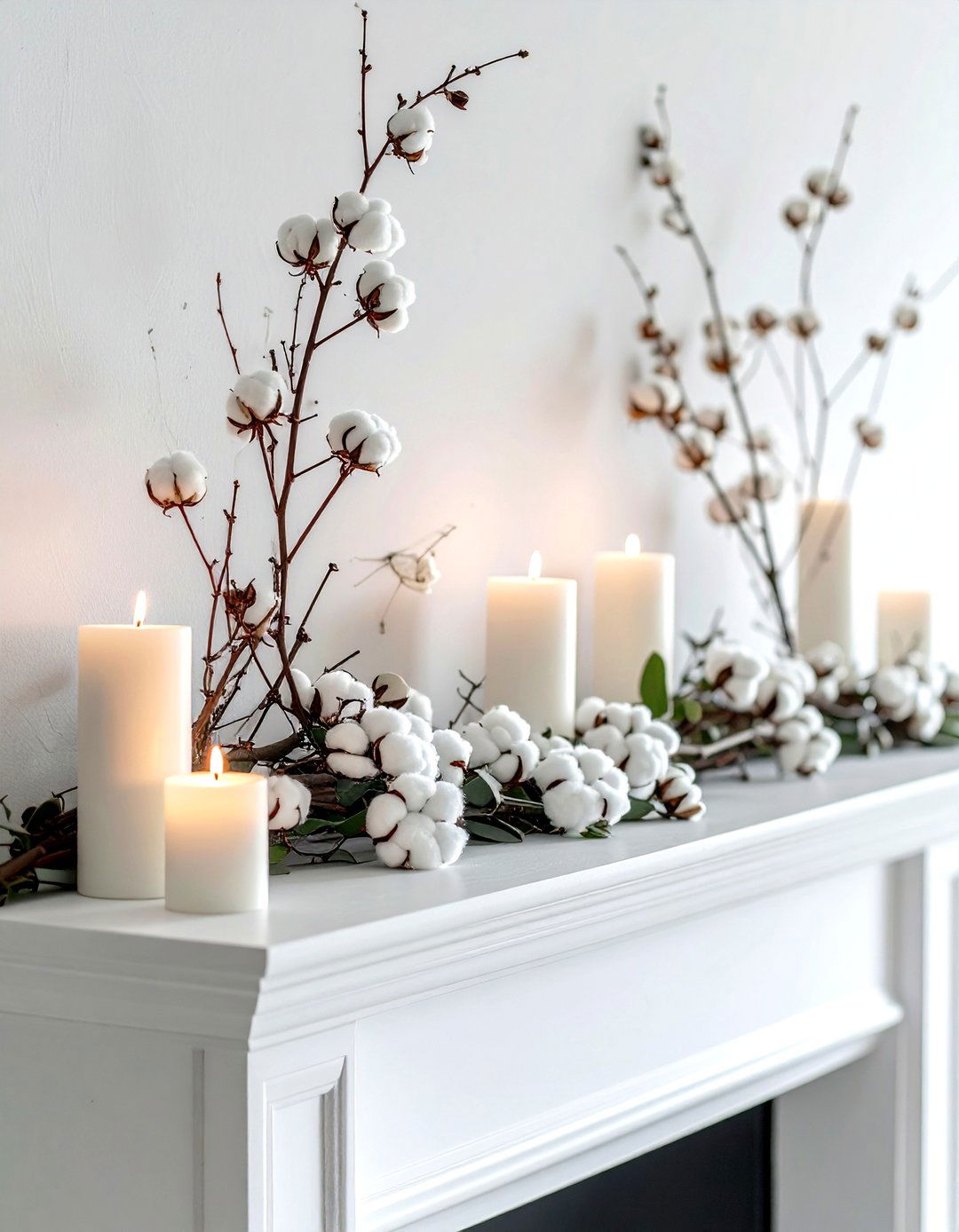 Dried Cotton Branch Mantle - 30 cotton decor ideas