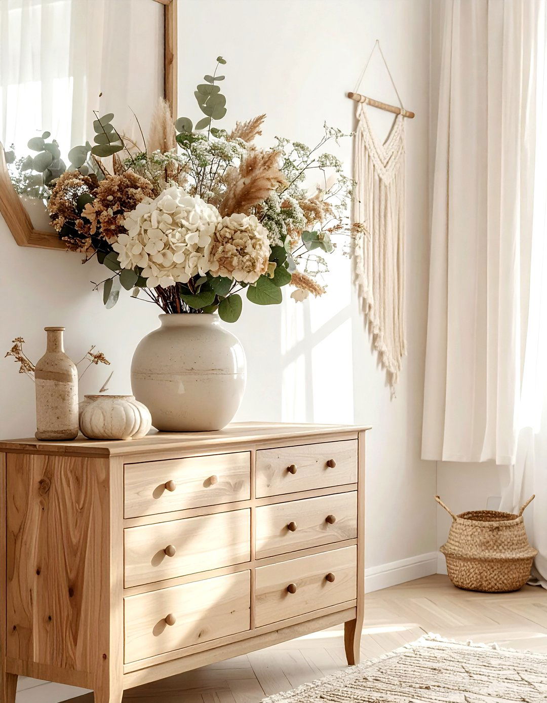 Dried flower arrangement - 30 bohemian cream bedroom ideas