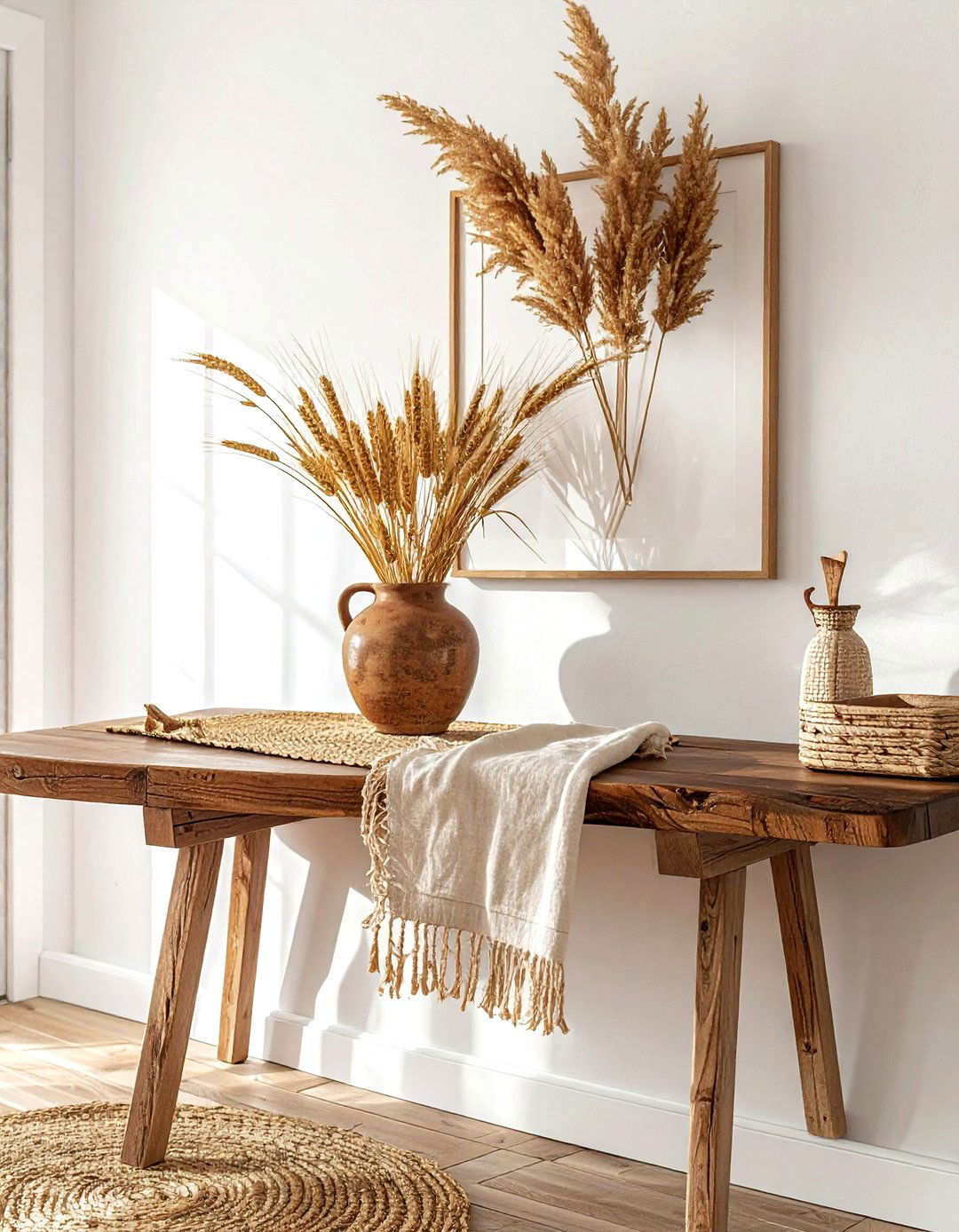 Dried wheat stalks in rustic jug - 30 vase arrangement ideas