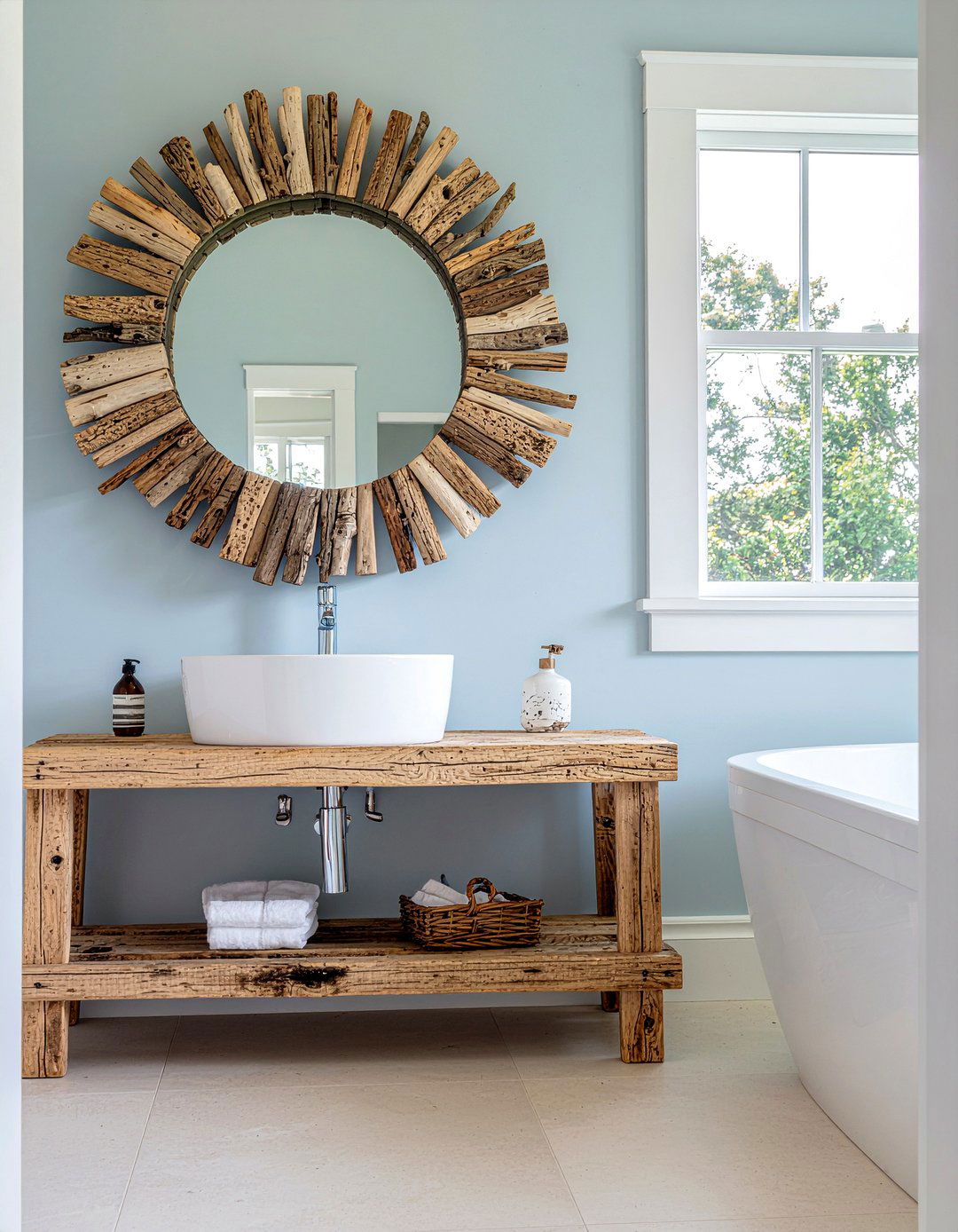 Driftwood Mirror Frame - 30 recycled material bathroom ideas