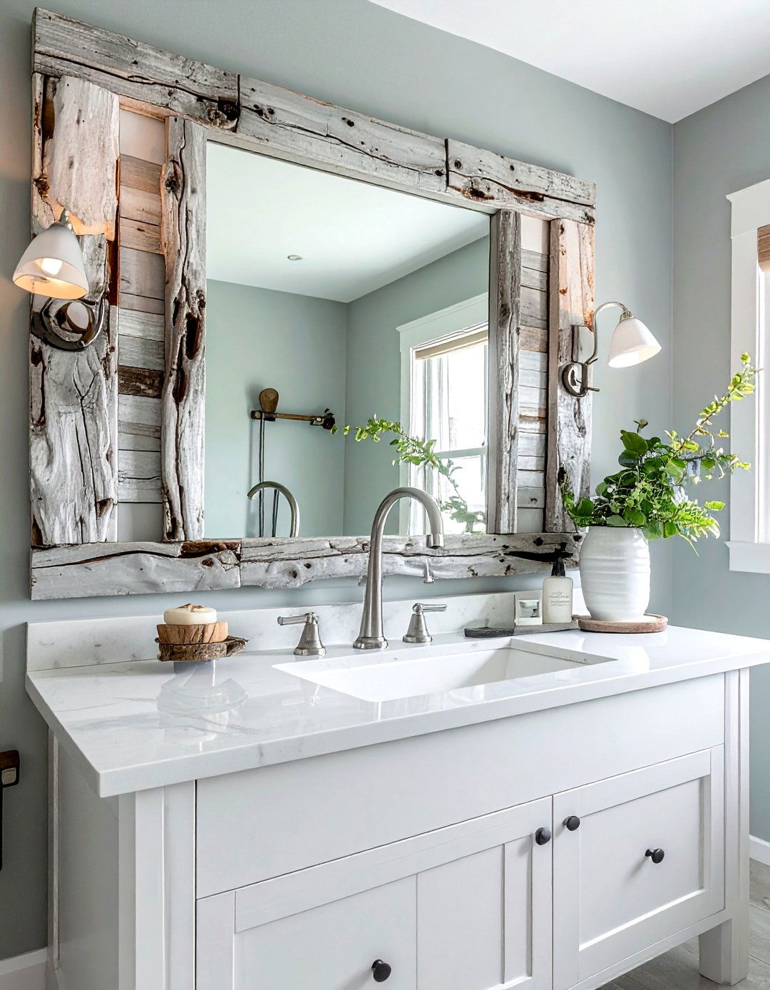 Driftwood mirror frame - 30 Cape Cod bathroom ideas