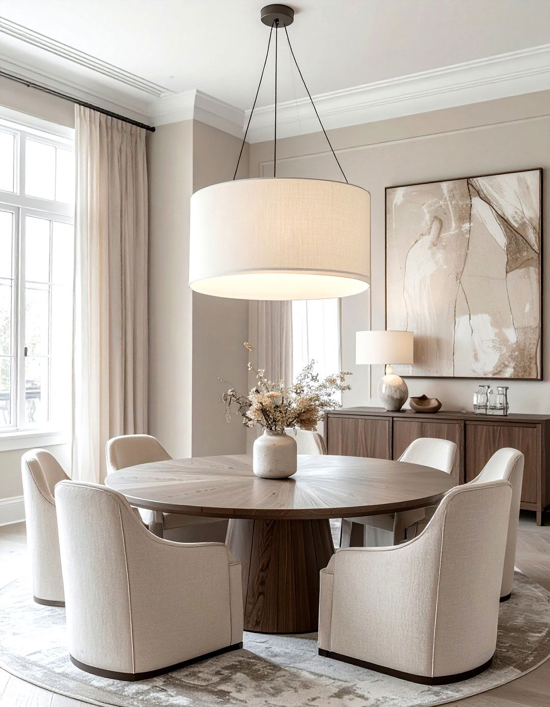 Drum shade pendant - 30 dining room layered lighting ideas