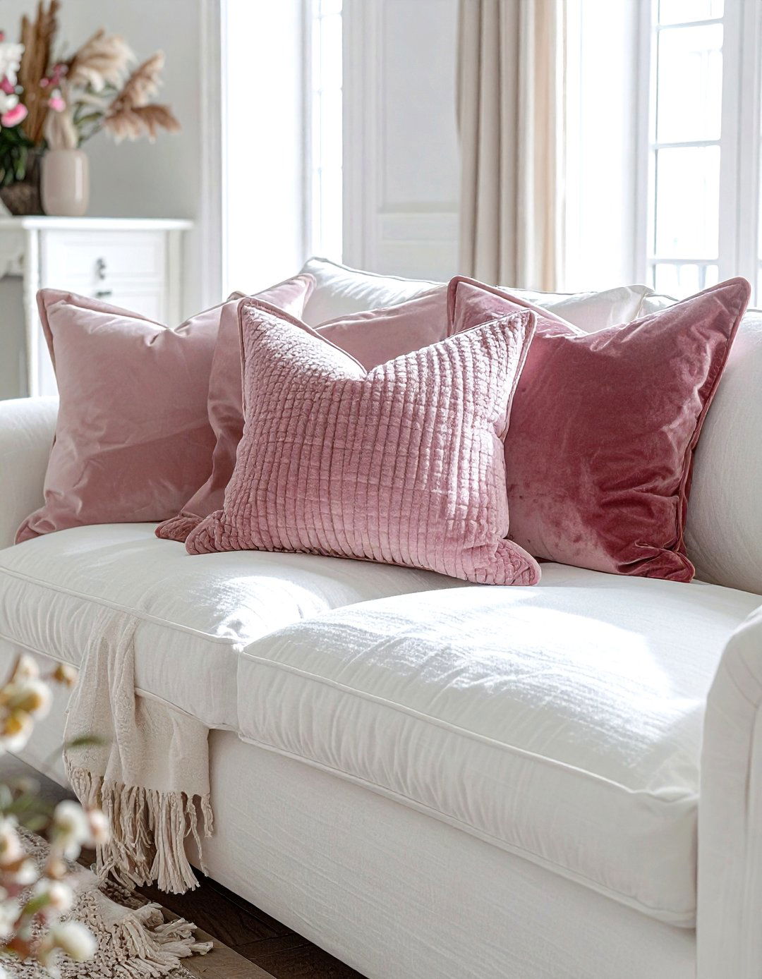 Dusty Rose Throw Pillows - 30 pink and white living room ideas