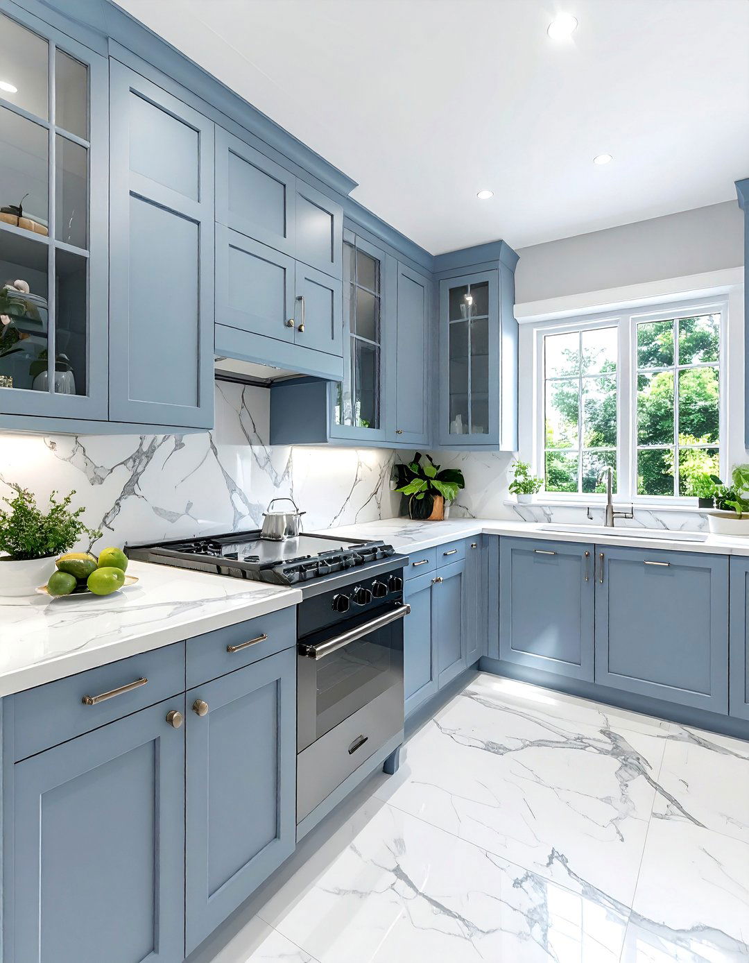 Dusty blue cabinets with marble backsplash - 30 blue and gray kitchen ideas
