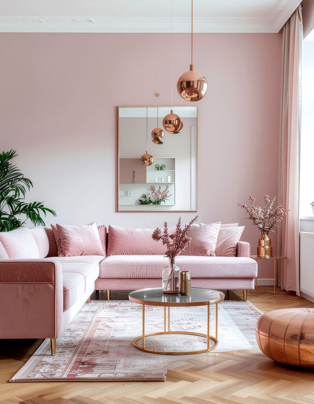 Dusty pink living room with copper decor - 30 living room dusty pink walls