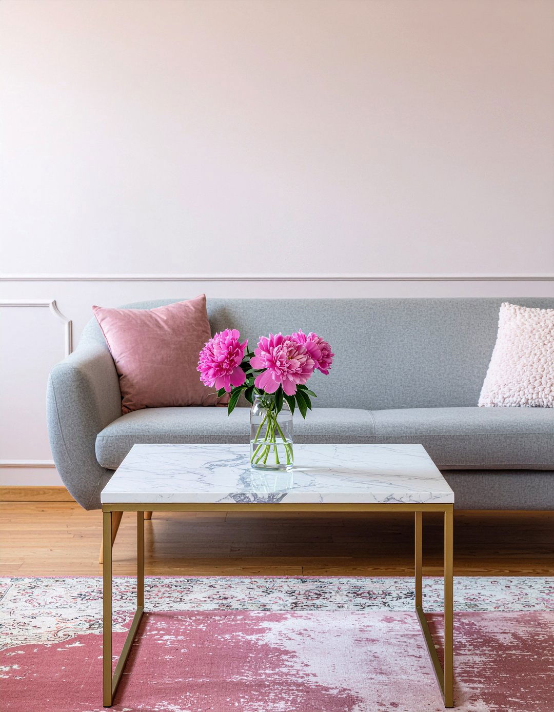 Dusty pink living room with marble coffee table - 30 living room dusty pink walls