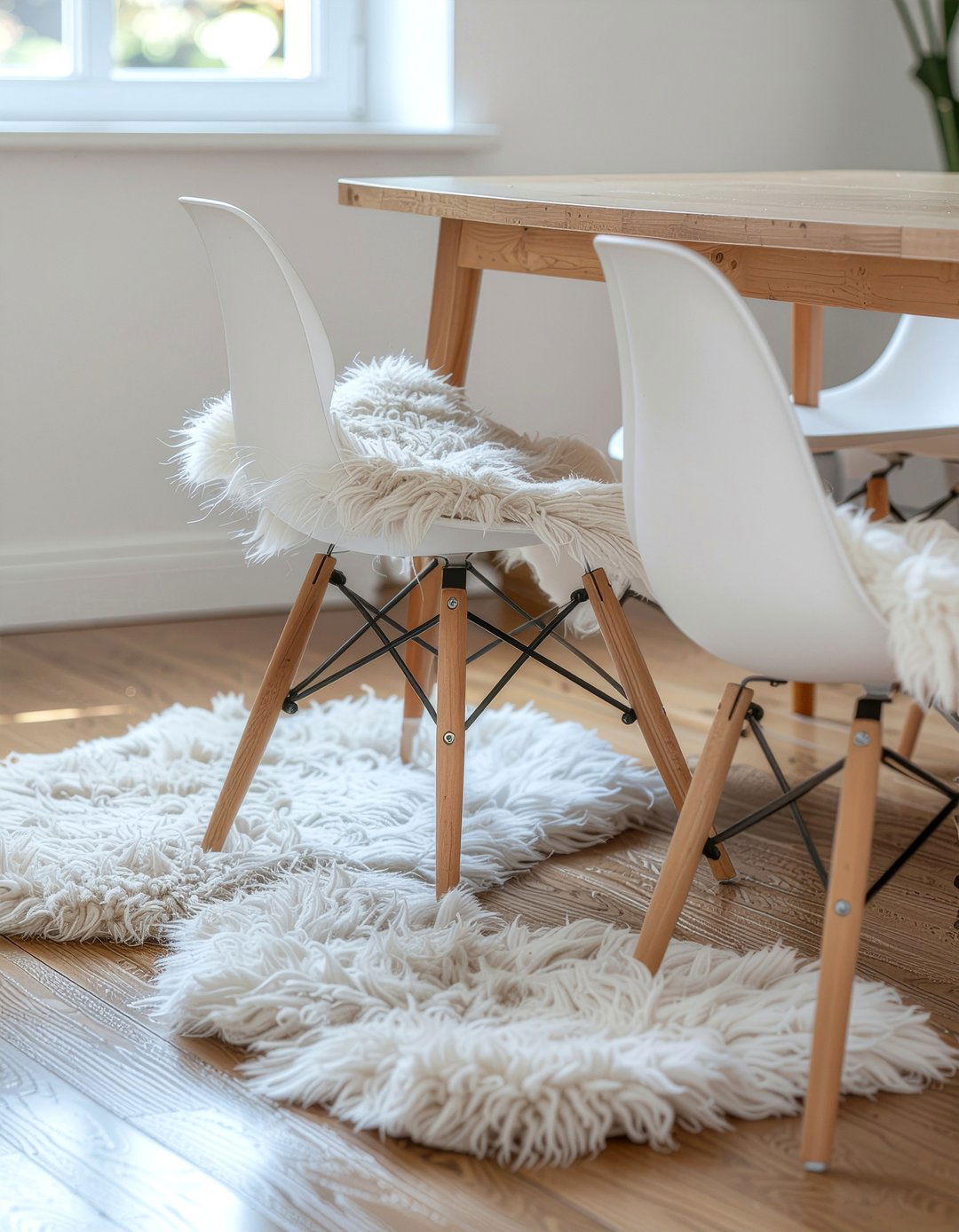 Eames chairs with sheepskin rugs - 30 Eames dining chair ideas