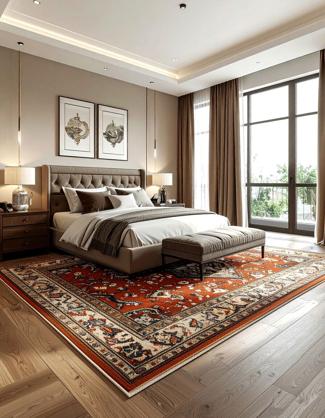 Earth tone Oushak rug master suite - 30 Turkish rug ideas