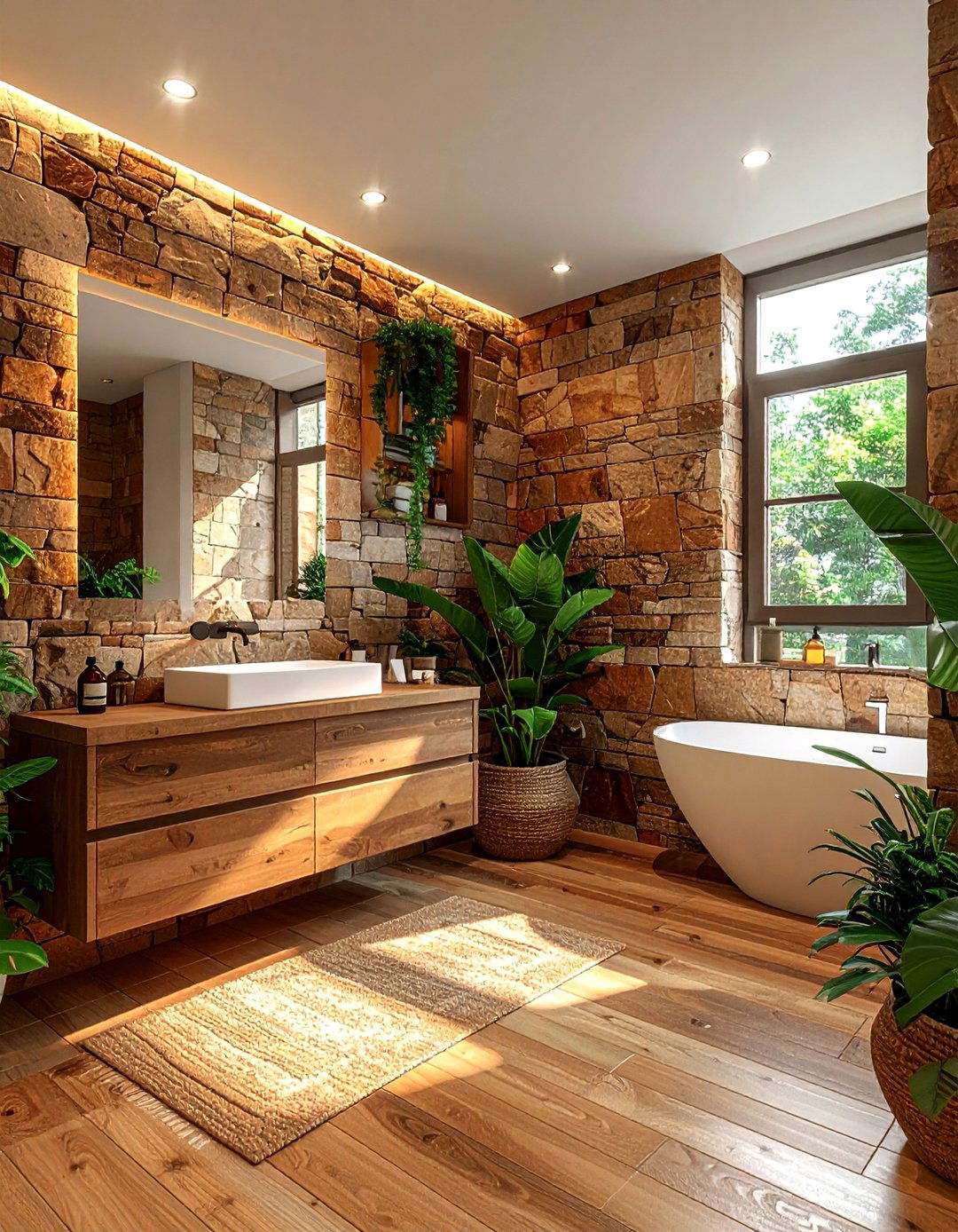 Earth tone stacked stone bathroom - 30 stacked stone bathroom ideas