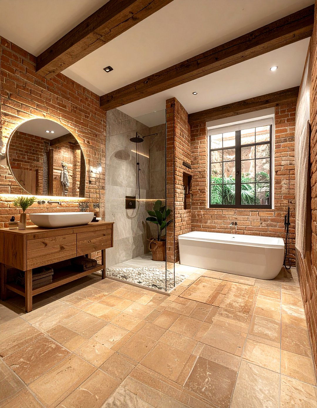 Earthy brick bathroom textures - 30 brick accent wall bathroom ideas
