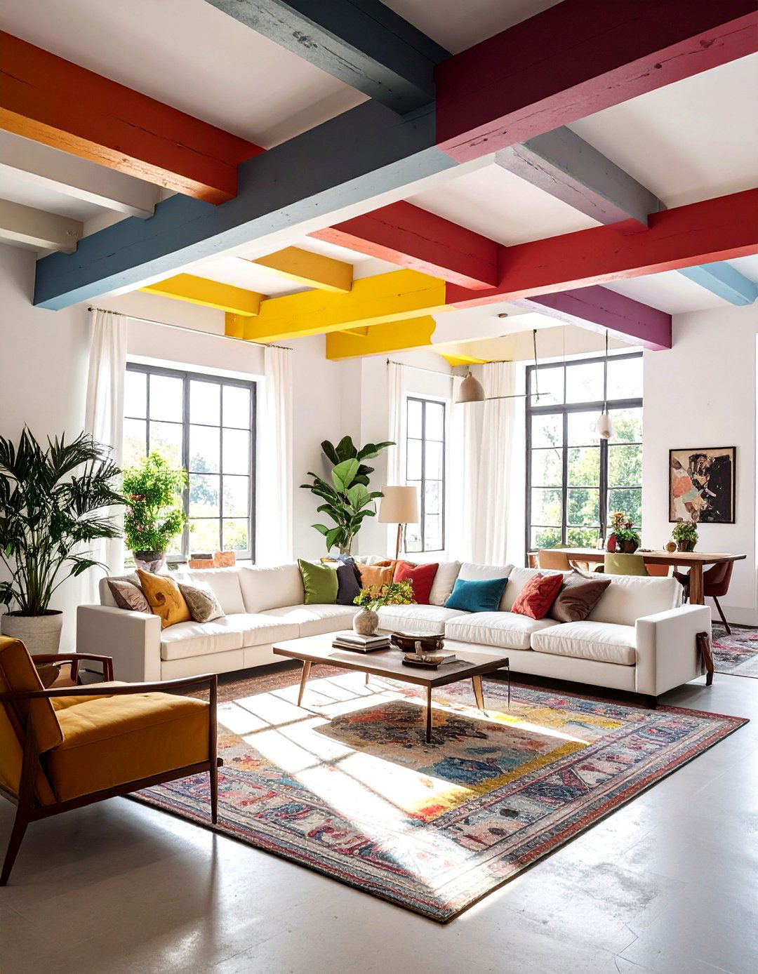 Eclectic Living Room Painted Beam - 30 living room post and beam ideas