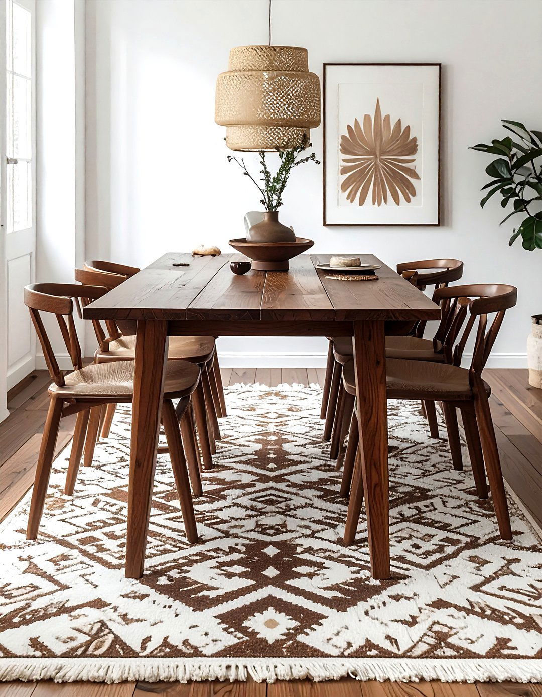 Eclectic brown wood white patterned rug - 30 brown and white dining room ideas