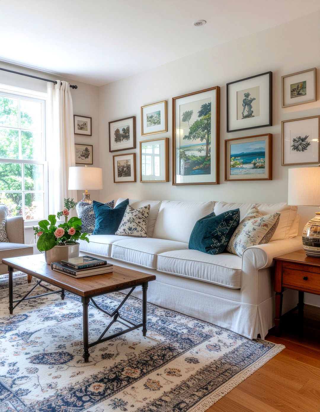 Eclectic gallery wall living room - 30 cottage core living room ideas